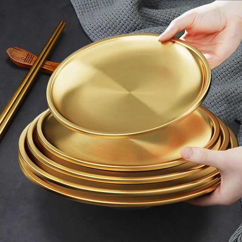 Food grade stainless steel barbecue plate for homegold plate round thickened double layer buffet plate dish bone dish tray