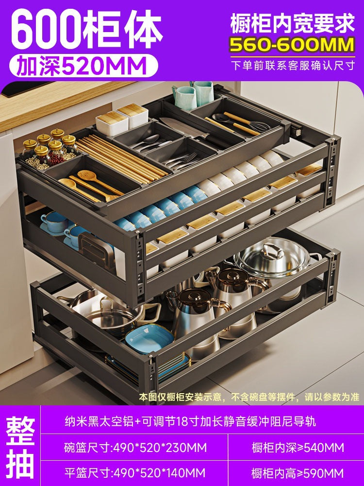 Pull Basket Kitchen Cabinet 304 Stainless Steel Double Layer Bowl Basket Drawer Type Seasoning Storage Dishes and Dishes Built-in Bowl Rack