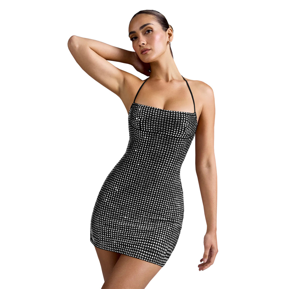 C7481 cross-border   fashion women's sexy halter neck rhinestone arm cover mini dress