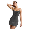 C7481 cross-border   fashion women's sexy halter neck rhinestone arm cover mini dress