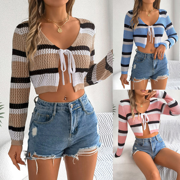 2025 summer hollow contrasting striped lace-up long-sleeved open-button knitted cardigan sunscreen shirt,  European and American women's clothing