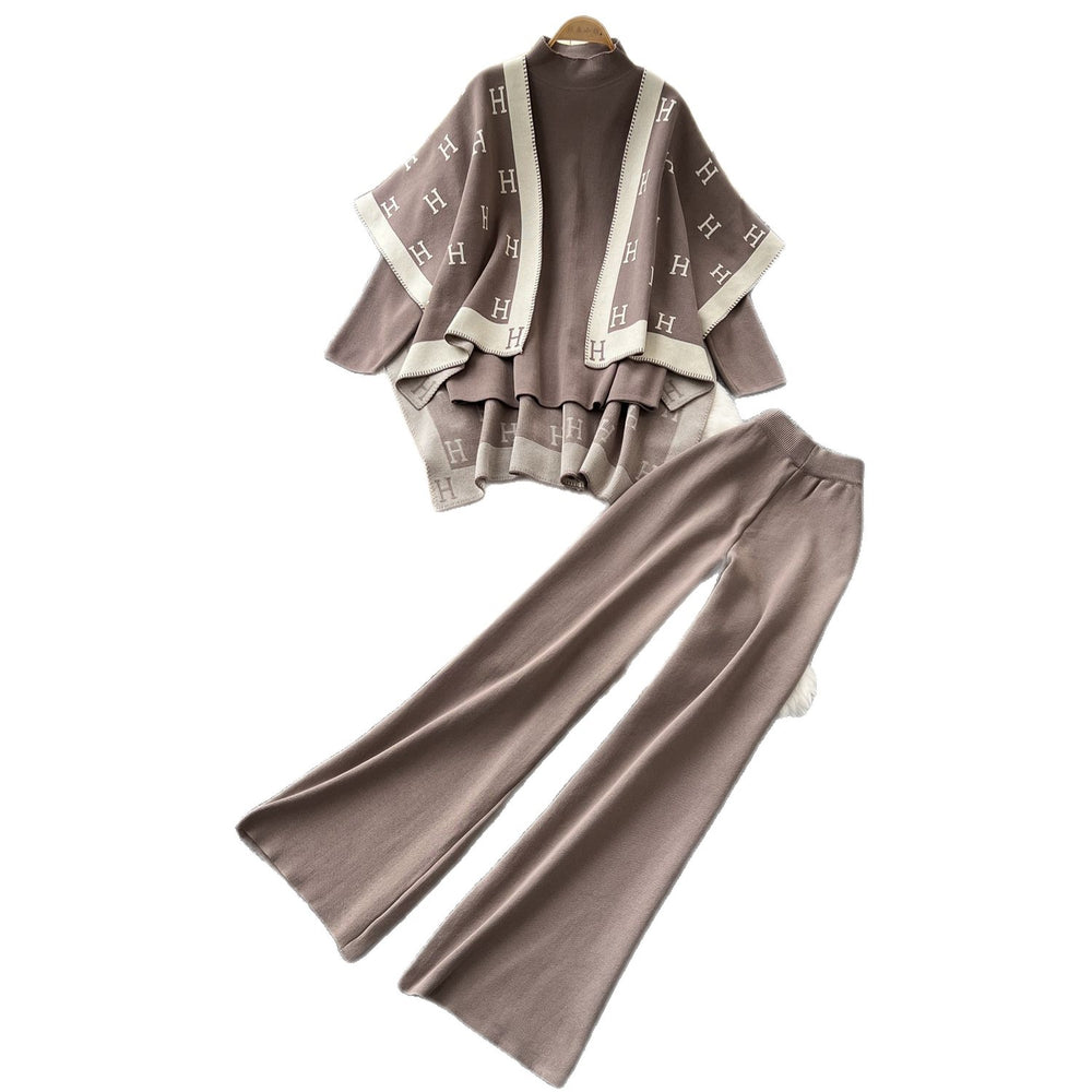 European and american fashion color block oversized shawl cardigan + turtleneck long sleeve knit top + high-waisted wide leg pants