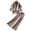 European and american fashion color block oversized shawl cardigan + turtleneck long sleeve knit top + high-waisted wide leg pants