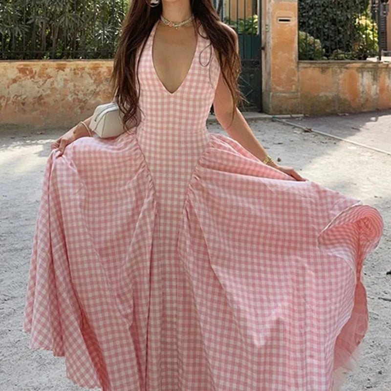 cross-border e-commerce european and american women's clothing: new summer collection - elegant halter v-neck, waist-cinching french dress