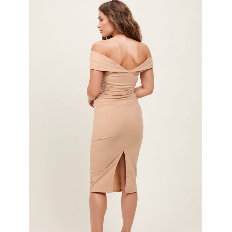 Women's european and american nude off-the-shoulder maternity bodycon midi dress with open back and slit – elegant everyday wear