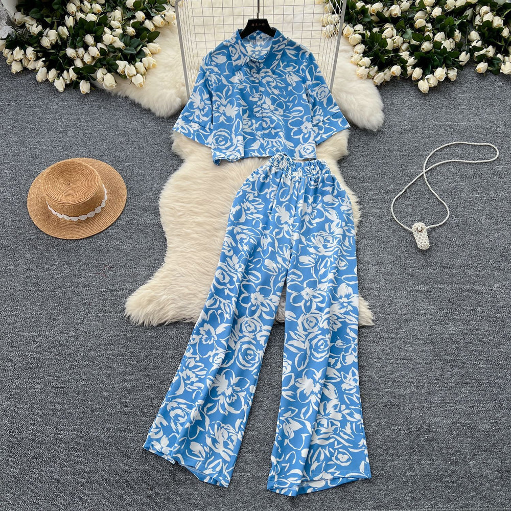 Salt style light mature style suit women's fashioneasiest for matchlooseshortprintingshirt+high waistslimming lookloosecasual pants