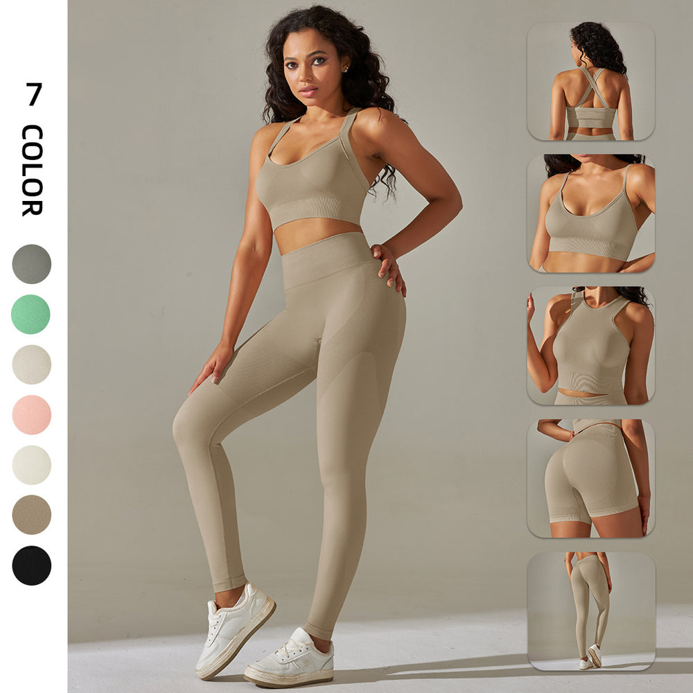 European and american new seamless yoga outfit sexy backless sports bra high waist butt lifting leggings running fitness wear for women