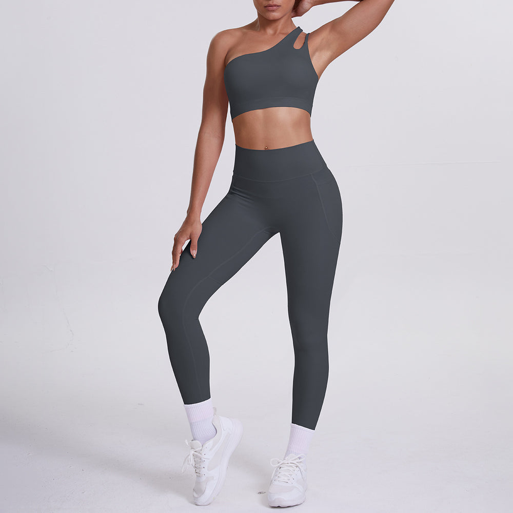 fashion double-sided brocade brushed single oblique shoulder yoga suit sports running fitness flap pocket pants pants two-piece set