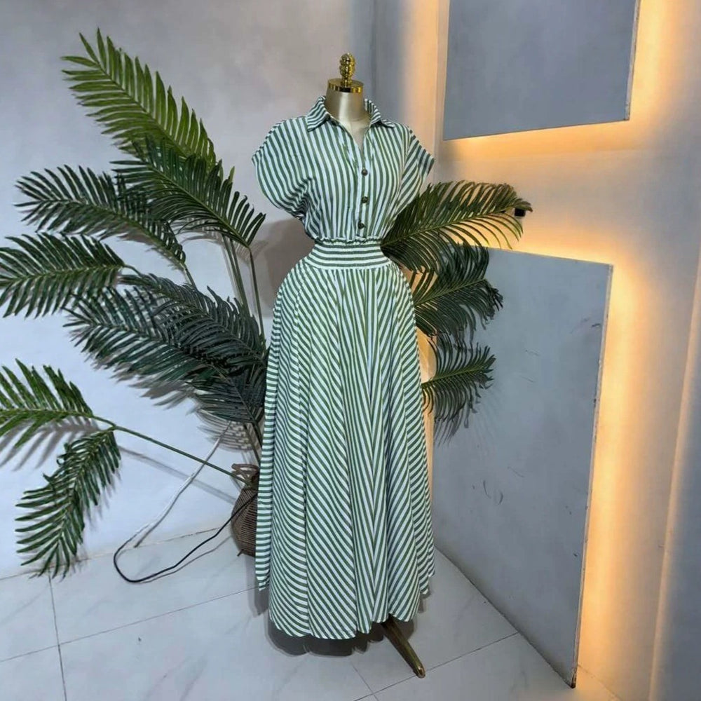 European and american cross-border women's fashion:  summer new arrival - elegant casual striped shirtdress with turn-down collar and cinched waist