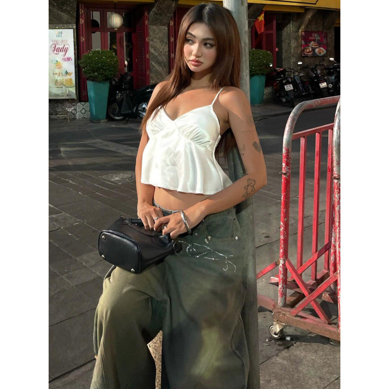 European and american women's clothing  spring new fashion trendy hot girl sexy v-neck solid color loose tank top cropped vest