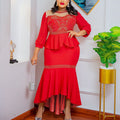 new african cross-border fashion: mesh panel solid color rhinestone two-piece set