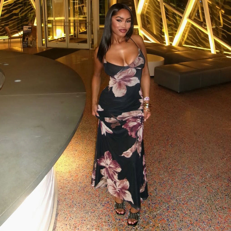 European and american style cross-border women's backless printed slim-fit home & casual bodycon dress - elegant halter neck sleeveless maxi dress