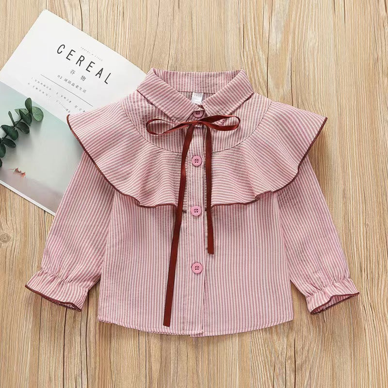 Girl shirtfleece-lined stylenew arrivalk-stylestripes lapel shirtruffles children's spring & fallcardigantops