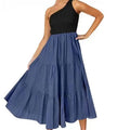 european and american cross-border new  women's solid color printed bohemian one-shoulder sleeveless dress