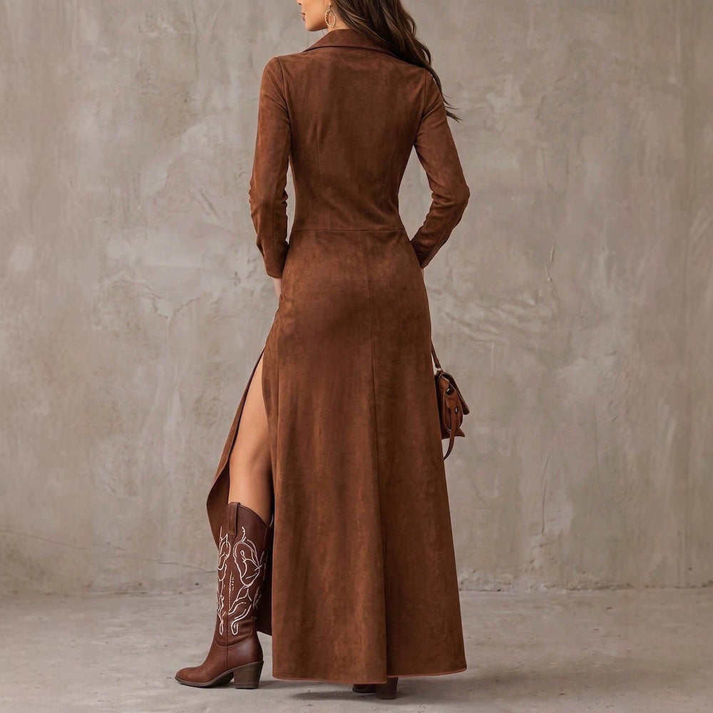 Autumn/winter coffee brown slim-fit long sleeve shirt and slit ruffle hem midi skirt retro western two-piece set