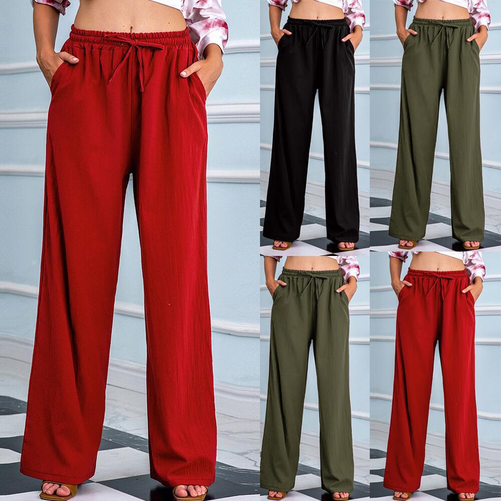 spring/autumn  hot-selling elastic waist cotton linen versatile straight-leg wide-leg casual pants (us/eu cross-border)