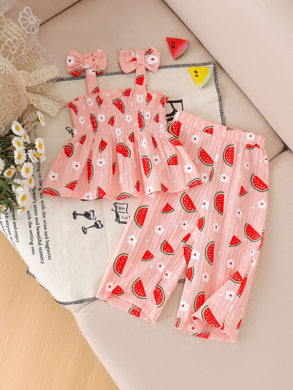 Girls' summer casual outfit: ruched waist cami top & daisy print pants - fresh & stylish summer wear for kids