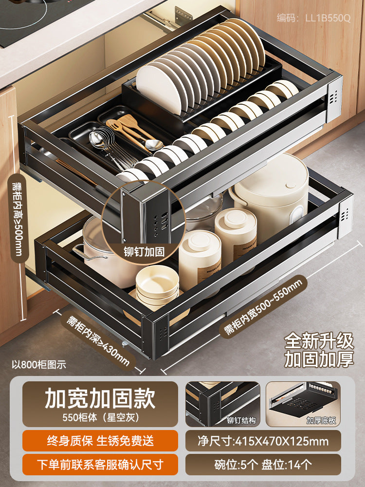 Pull Basket Kitchen Cabinet 304 Stainless Steel Double Layer Bowl Basket Drawer Type Seasoning Storage Dishes and Dishes Built-in Bowl Rack