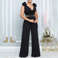 C8580 european and american women's clothing  new fashion v-neck sexy wide-leg pants solid color high-neck sleeveless cinched waist jumpsuit