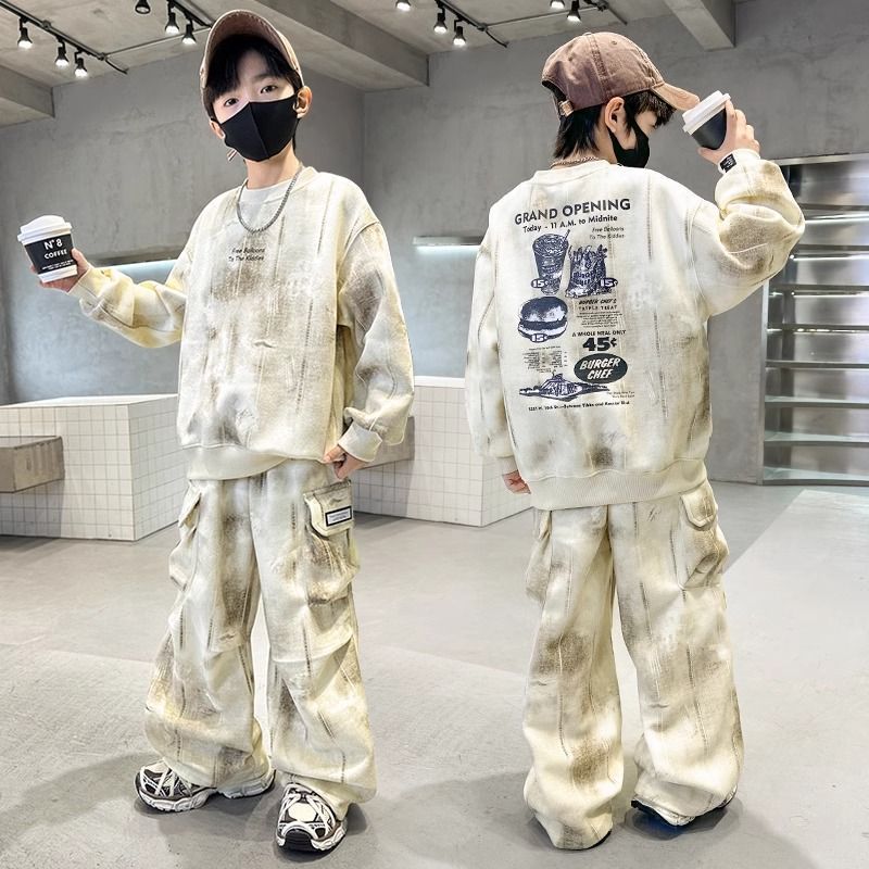 Boys' fall outfit set : new trendy streetwear style, kids' workwear, big kids' spring/autumn sweatshirt tracksuit