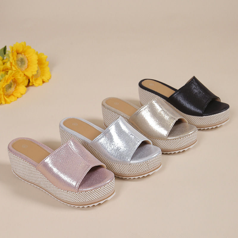 Thick sole high heel slippers for women  summer new arrivalfashion style one-shaped women's pure colorplus size wedge heel slippers