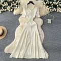 Frenchretro style lady heavy industry beading lapel short sleeve single breasted waist slimming lookelegantknittingdress