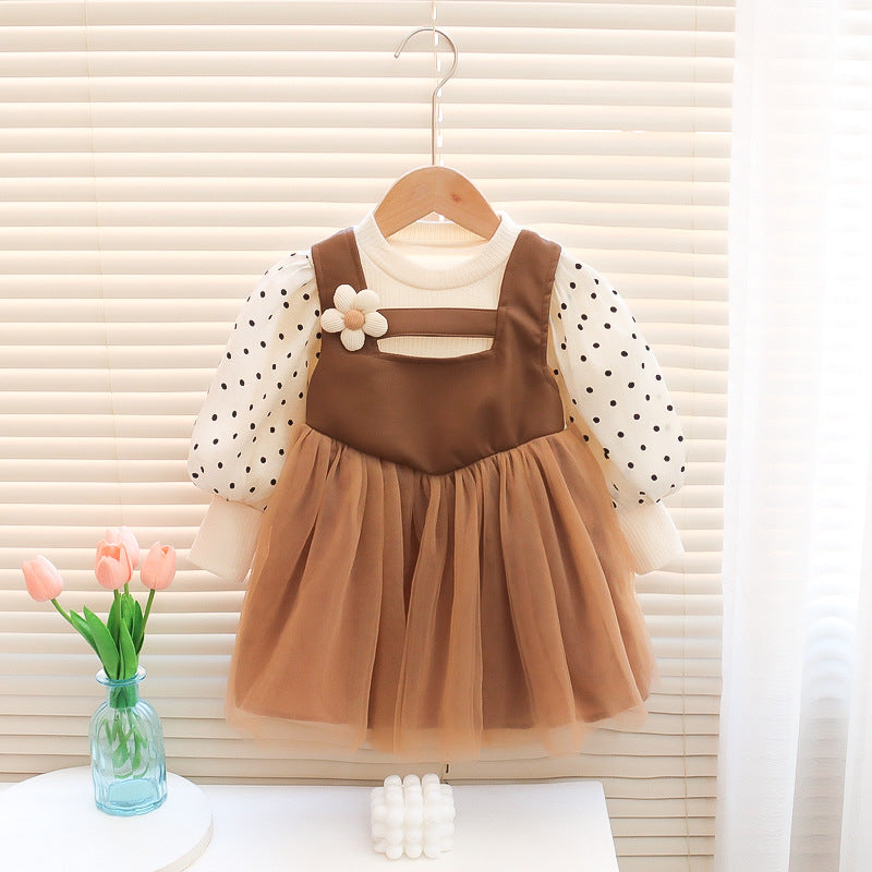 Korean style girls' dress spring  children's fashionable fake two-piece polka dot tulle skirt princess dress for baby girls