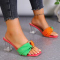 Crystal chunky heel slippers - women's  new summer collection - export fashion square toe color block thong sandals