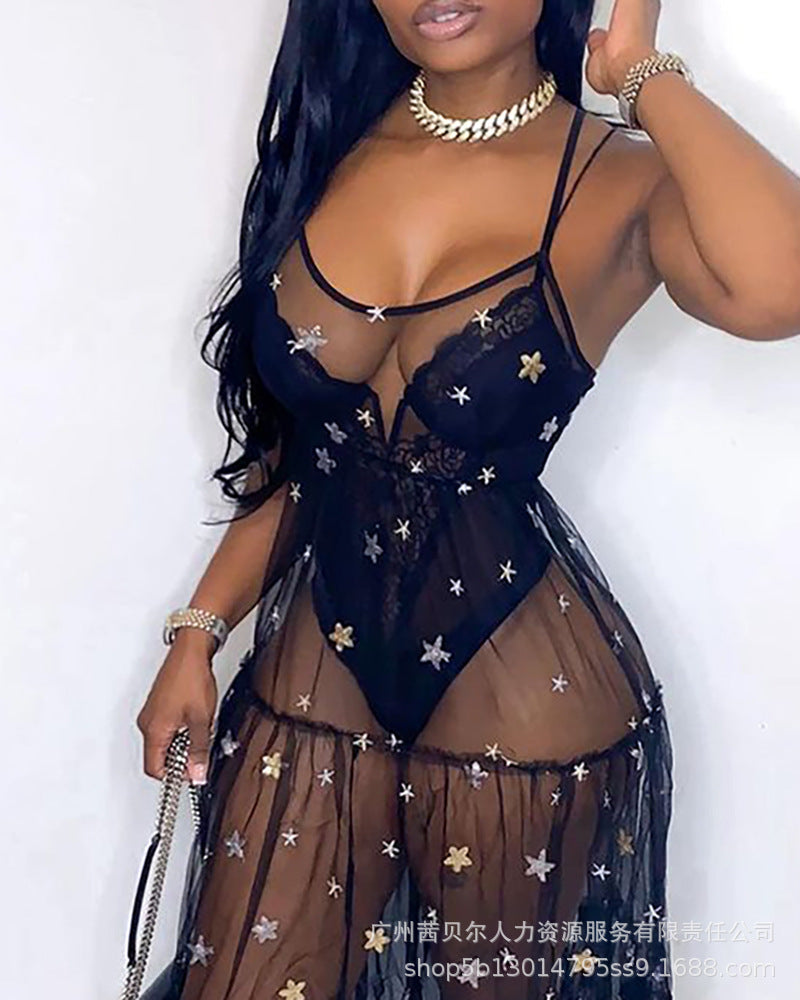 Spot -2022 European and American new suspender sequined mesh pendulum dress