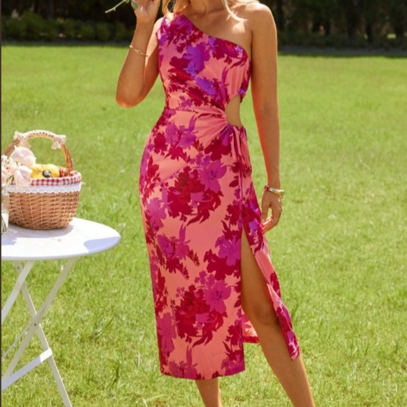Shipped: women's sleeveless, high-waisted, drawstring, high-slit printed dress for cross-border e-commerce, summer  collection