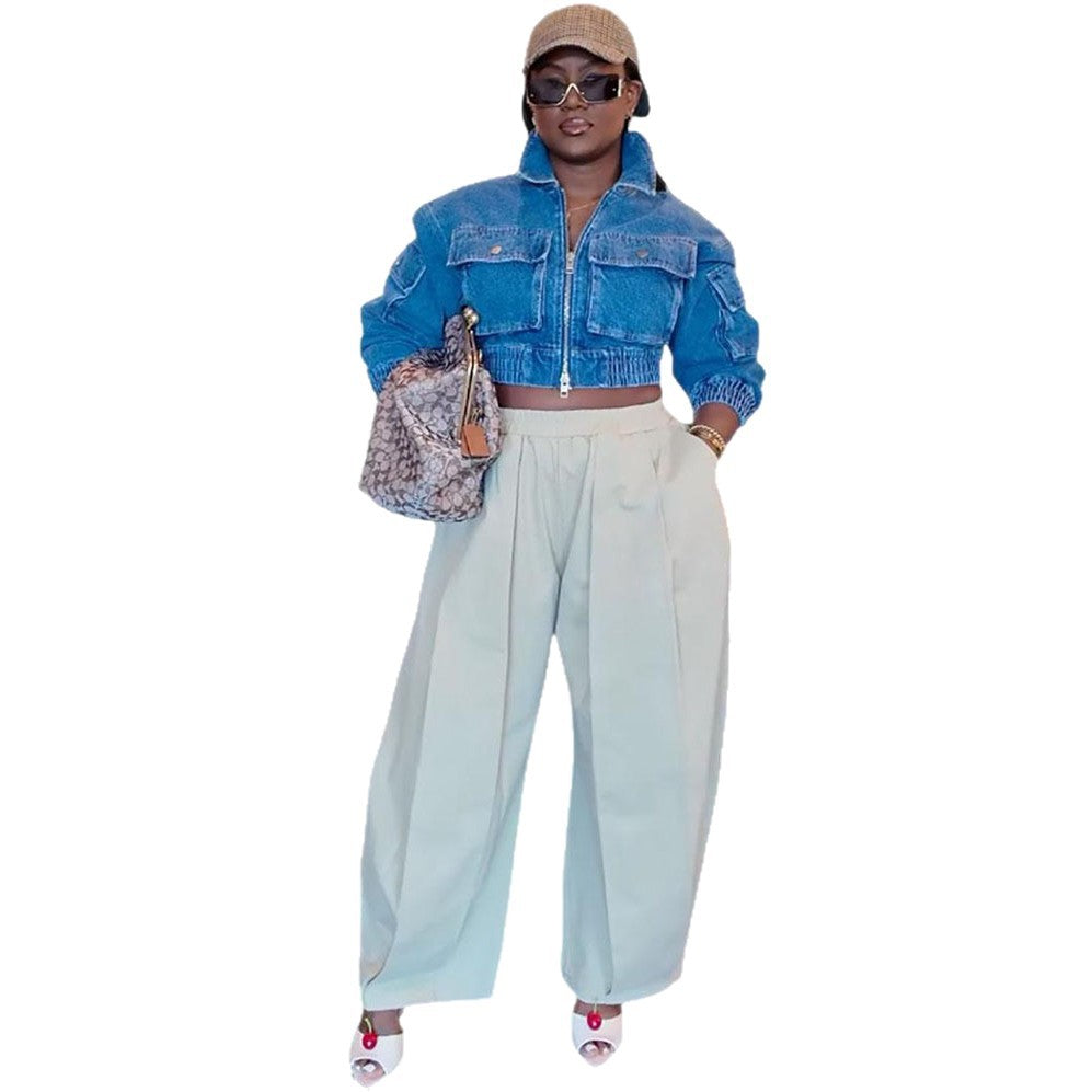 European and american casual denim jacket -  cross-border women's autumn/winter streetwear 3d workwear pocket cropped top
