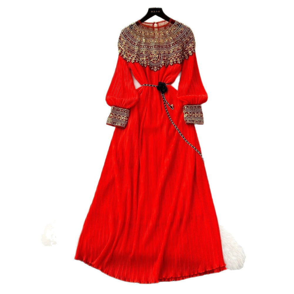 Frenchclassyelegantheavy sequin embroidered beadspatchworklong sleevesdress women's strappy waist elegant pleated long skirt