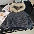 Early autumn faux fur collar hoodie - korean chic, relaxed fit, autumn design, unique striped top for women