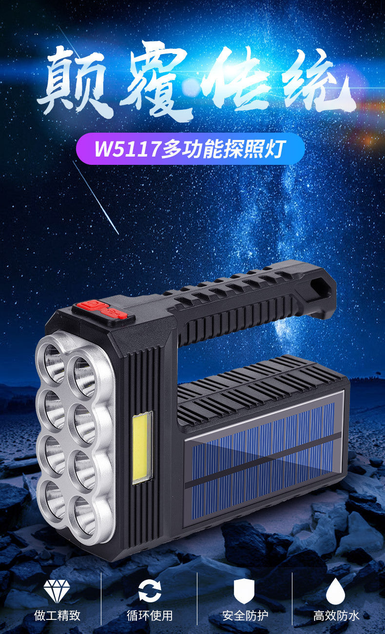 Cross-border new 8-lamp portable searchlight USB charging outdoor with side light solar charging LED flashlight