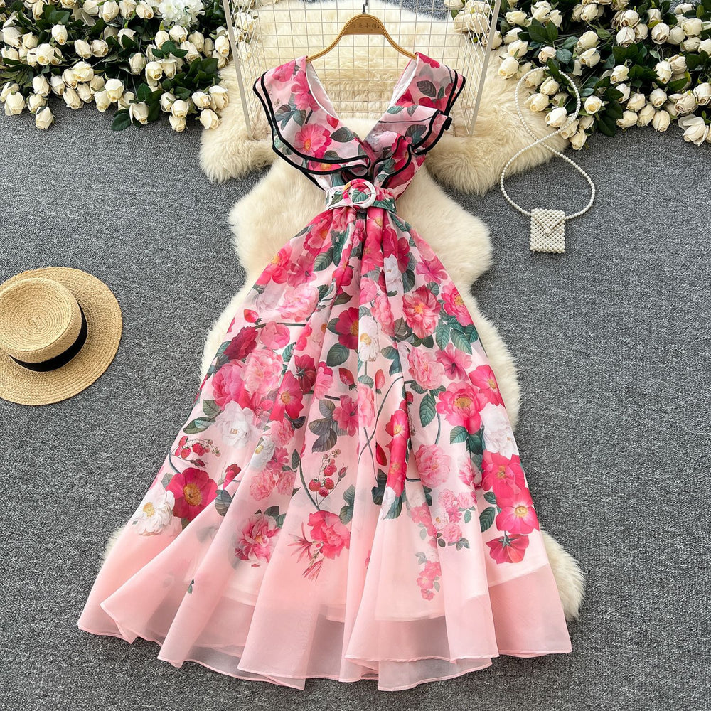 French chic summer dress for women - elegant, high-end, ruffle-trimmed v-neck, slimming, printed maxi dress with a-line skirt