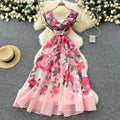 French chic summer dress for women - elegant, high-end, ruffle-trimmed v-neck, slimming, printed maxi dress with a-line skirt