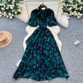French chic bow-tie lantern sleeve dress - women's fashionable waist-cinching jacquard mesh flowy maxi dress
