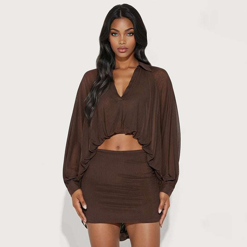 export european and american clothing fall and winternew arrivalpure colorfashionlong sleevestops mesh bubble hem shirt skirt suit