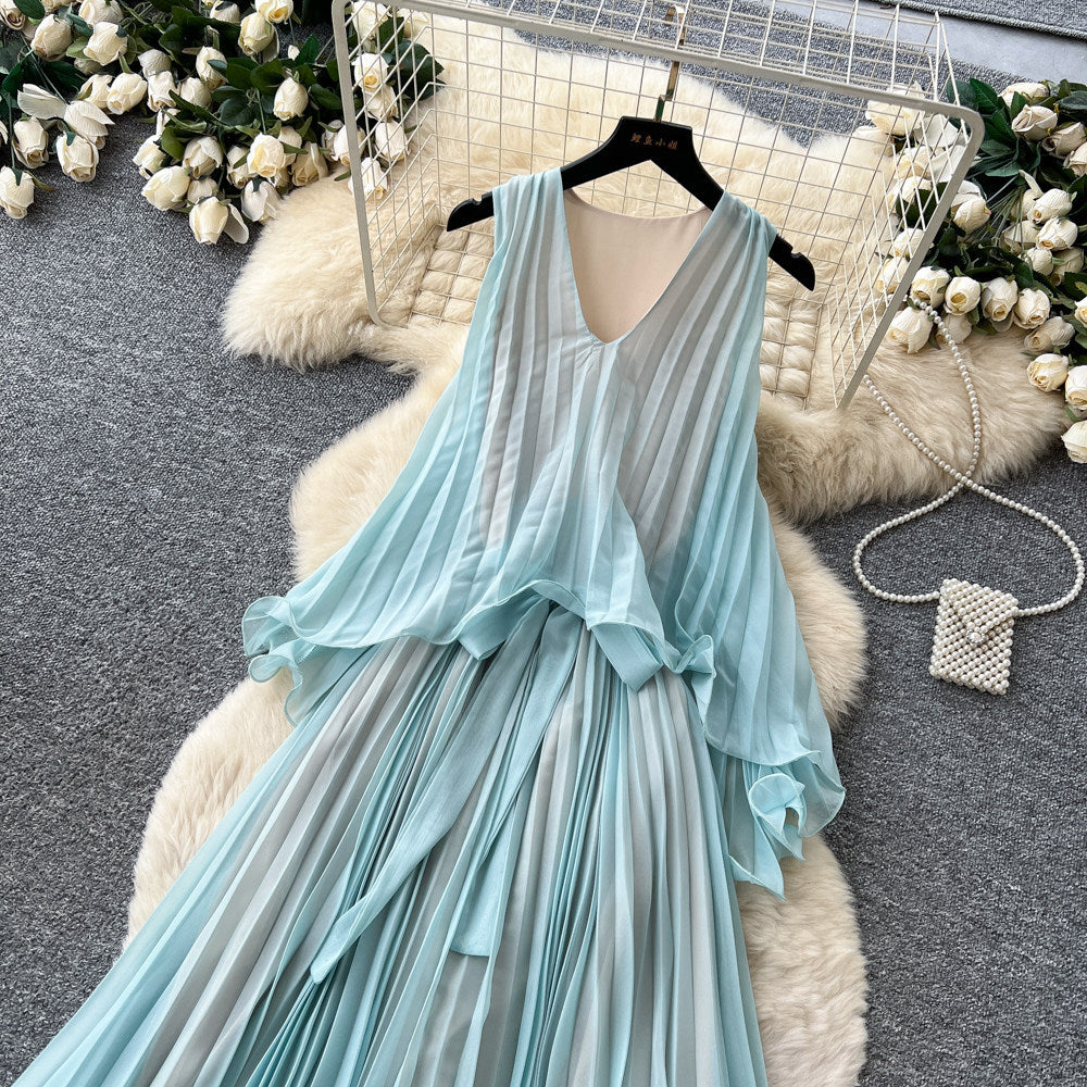 High-end resort style sleeveless halter dress for women, summer korean style, mint green, ruffle trim, pleated, elegant maxi dress