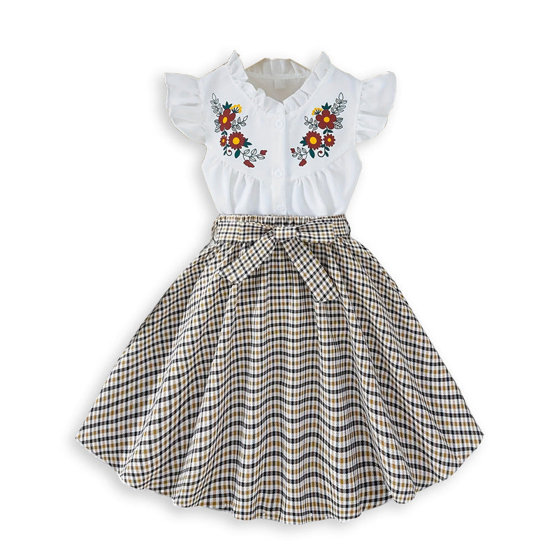 girls' summer dress: cute flutter sleeve printed faux two-piece patchwork plaid a-line skirt for kids