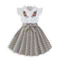 girls' summer dress: cute flutter sleeve printed faux two-piece patchwork plaid a-line skirt for kids