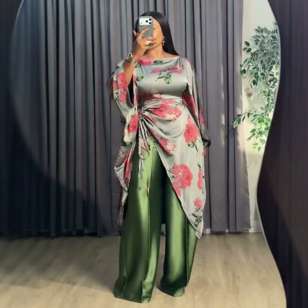 European and american cross-border women's fashion:  summer new collection - stylish printed drawstring longline shirt and wide-leg pants casual set