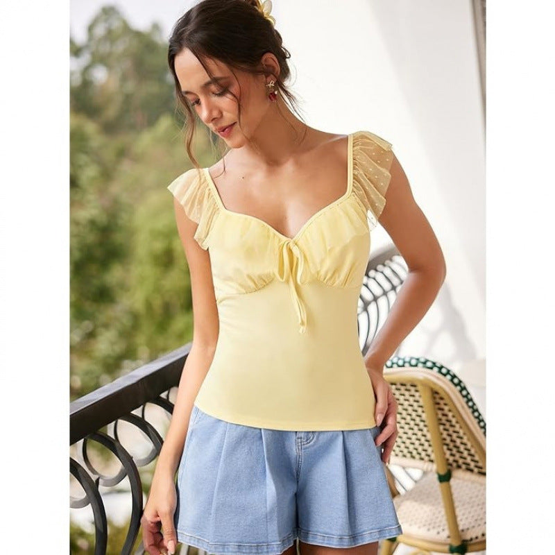 Amazon fashion short-sleeved rufflesshirtsummernew arrivalv necksweetshorttie backtops