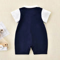 Infant and toddler boys' summer first birthday faux two-piece bow tie romper, stylish preppy gentleman short-sleeve onesie