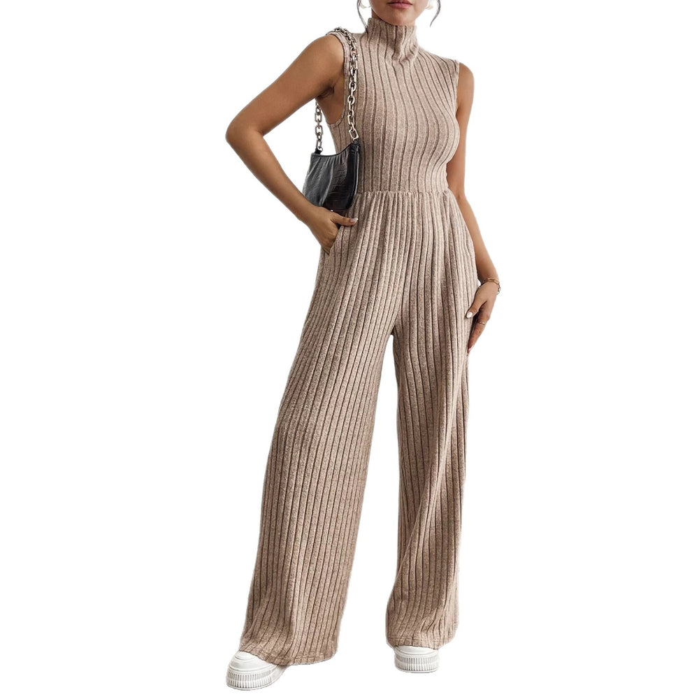 Amazon cross-border european and american women's wide-leg jumpsuit - stand collar, sleeveless, knitted, casual, stretch romper