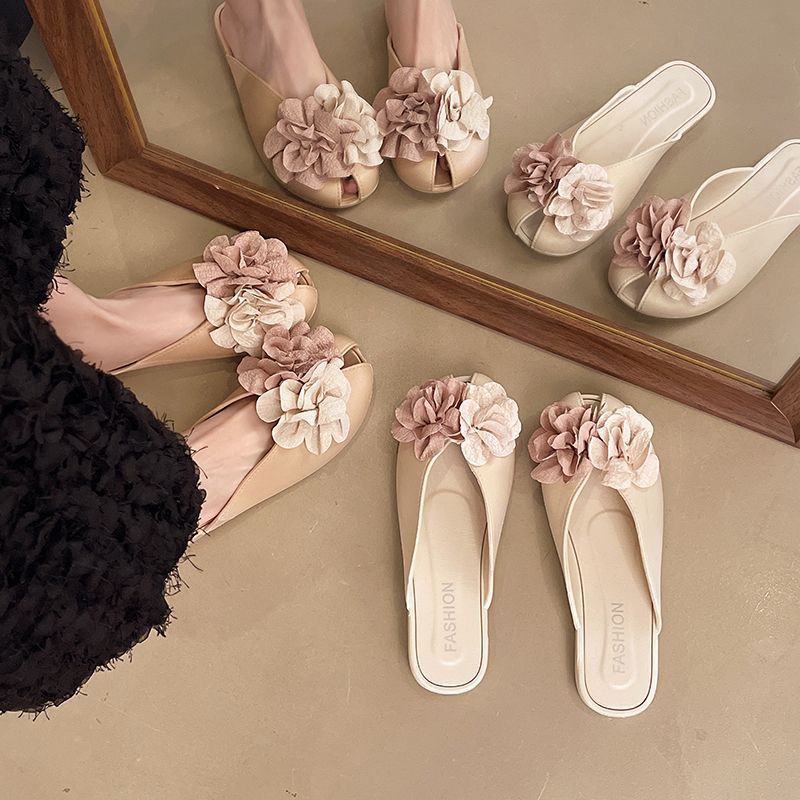 Baotou half slippers for women outwear2025 spring and summer new arrivalfashion flower fairy style with skirt flats sandals