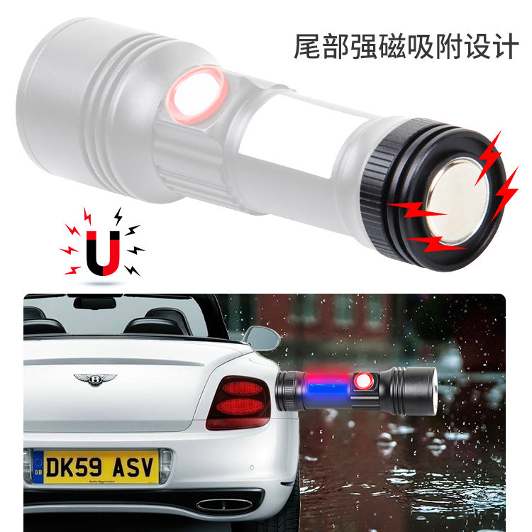 Cross-border new XHP50 strong light USB charging magnetic side light COB warning red, blue and white retractable LED flashlight