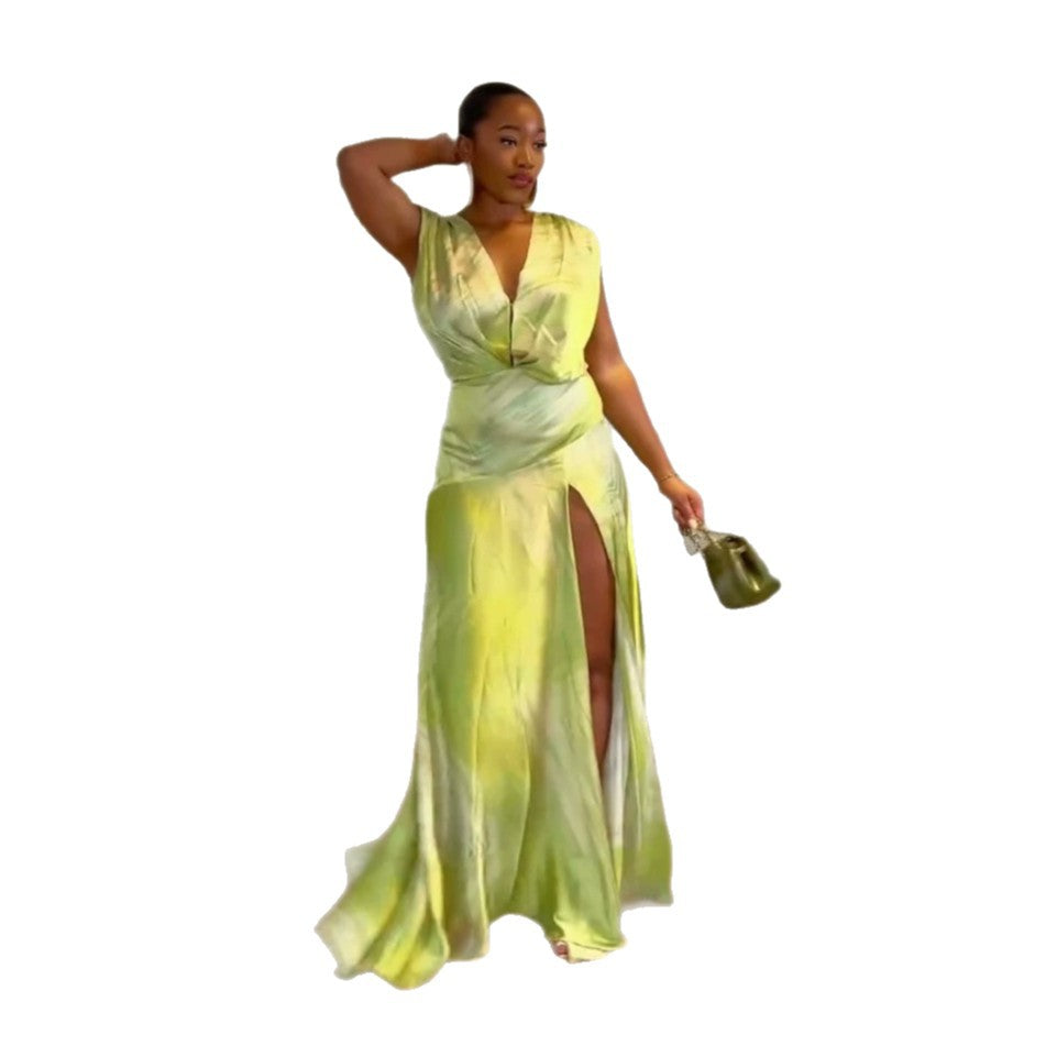 European and american cross-border african women's clothing  summer new arrival: elegant printed v-neck slim-fit slit maxi dress