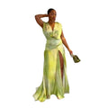 European and american cross-border african women's clothing  summer new arrival: elegant printed v-neck slim-fit slit maxi dress