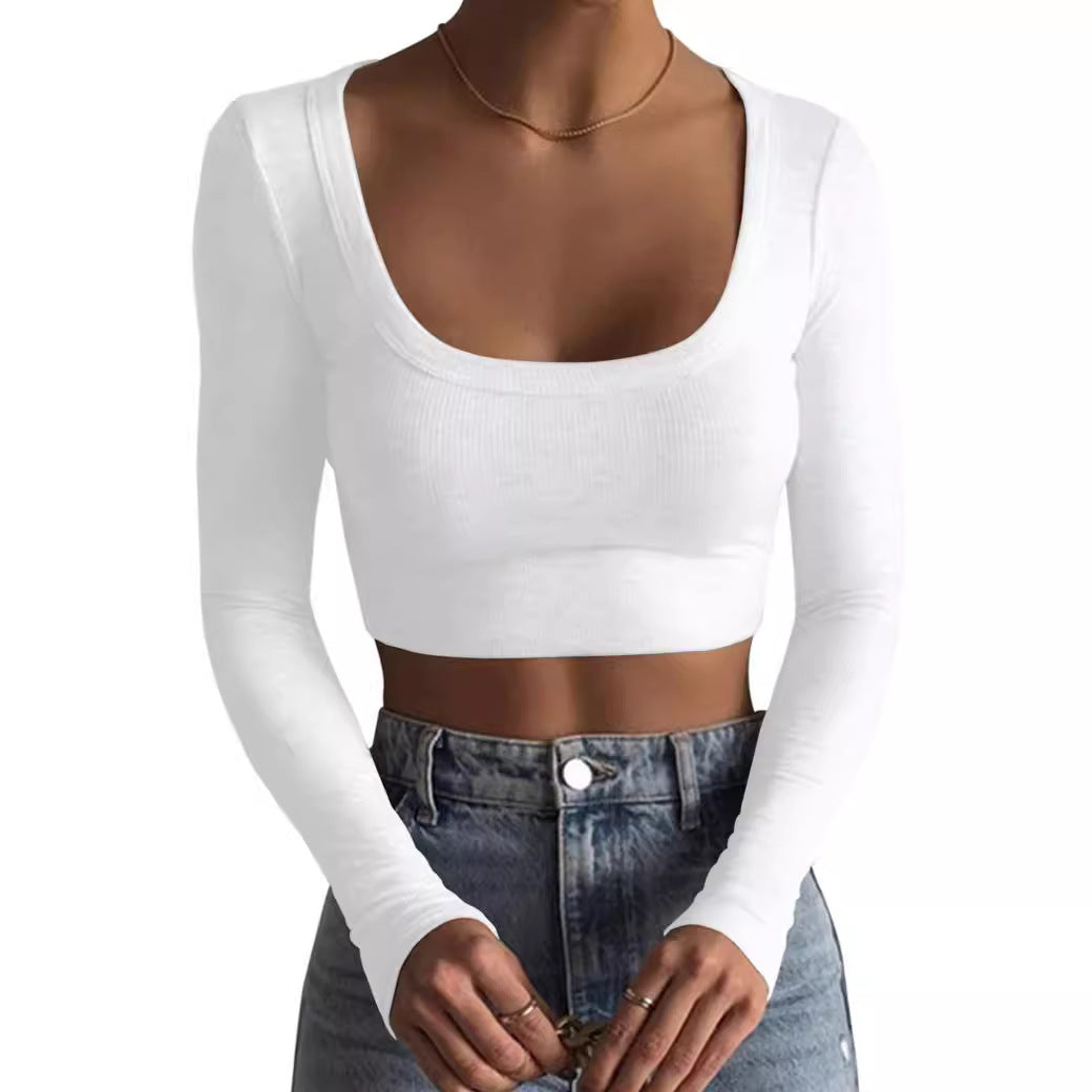 2024 new product  Europe and America, large round neck long sleeve threaded pure cotton ultra-short slim and thin T-shirt with exposed navel base.